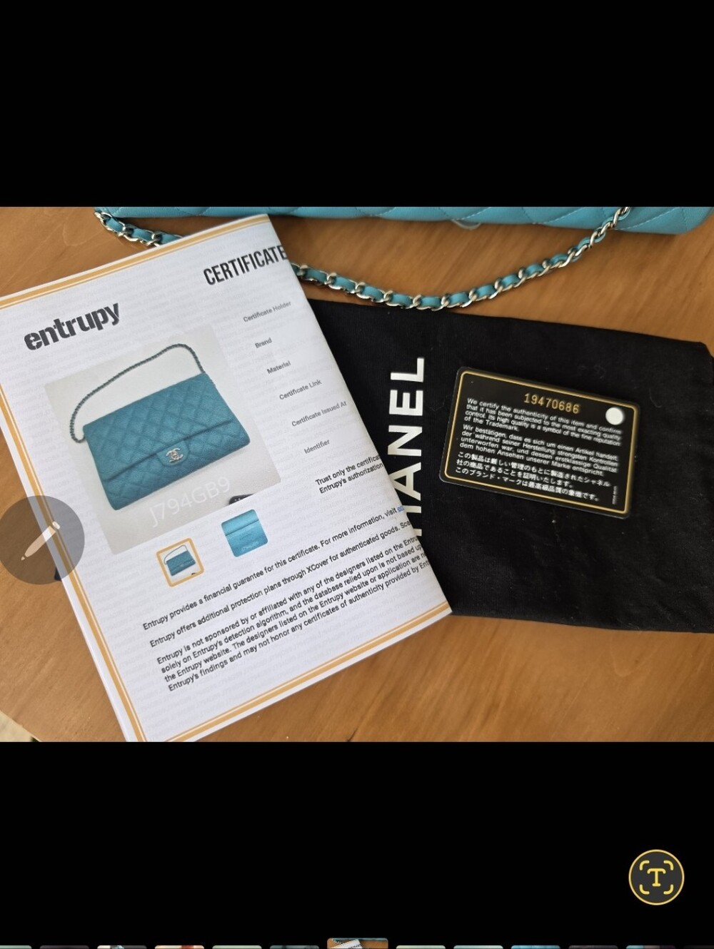 Chanel Medium Lambskin Clutch on Chain Tiffant Blue, Entrupy Authenticated - Picture 12 of 12